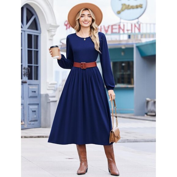 Zeagoo Women Navy 2 Long Sleeve Flowy A-Line Boho Long Dress with Pockets - Picture 2 of 6